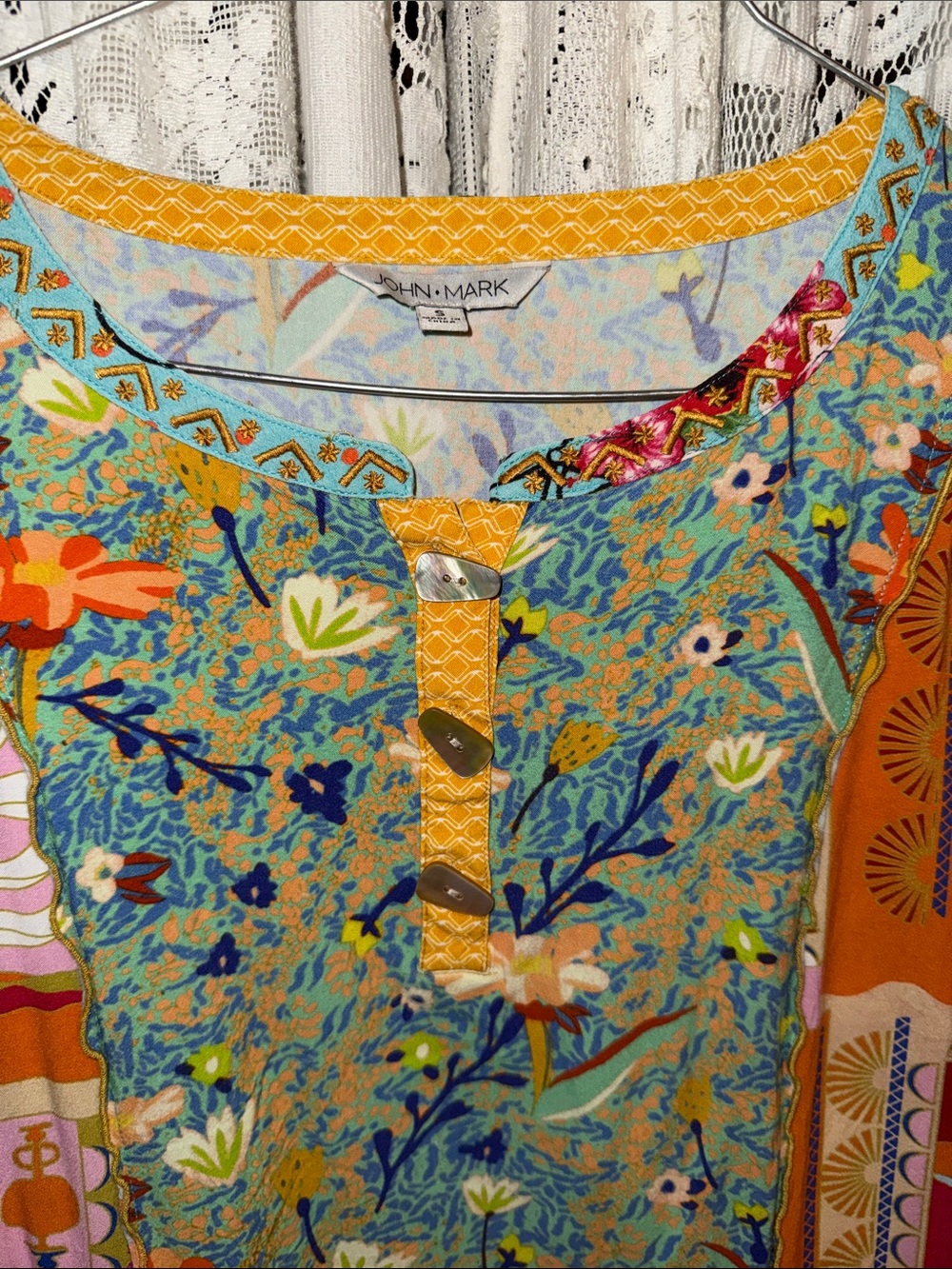 John Mark Multicolor Floral Patchwork Blouse in Yellow, Orange, Pink, Blue sm - Picture 2 of 8